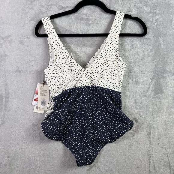 Calia Wrap Tie One Piece Swimsuit Women's 6 NWT Dotted White/Blue Summer V Neck - Picture 11 of 16
